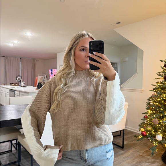 One arrival mock neck knit taupe white Women's Sweater - Picture 10 of 12